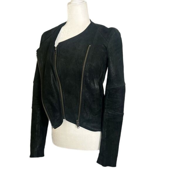 Helmut Lang Women's Suede Jacket Lamb Leather Black Asymmetric Zip - Picture 2 of 5